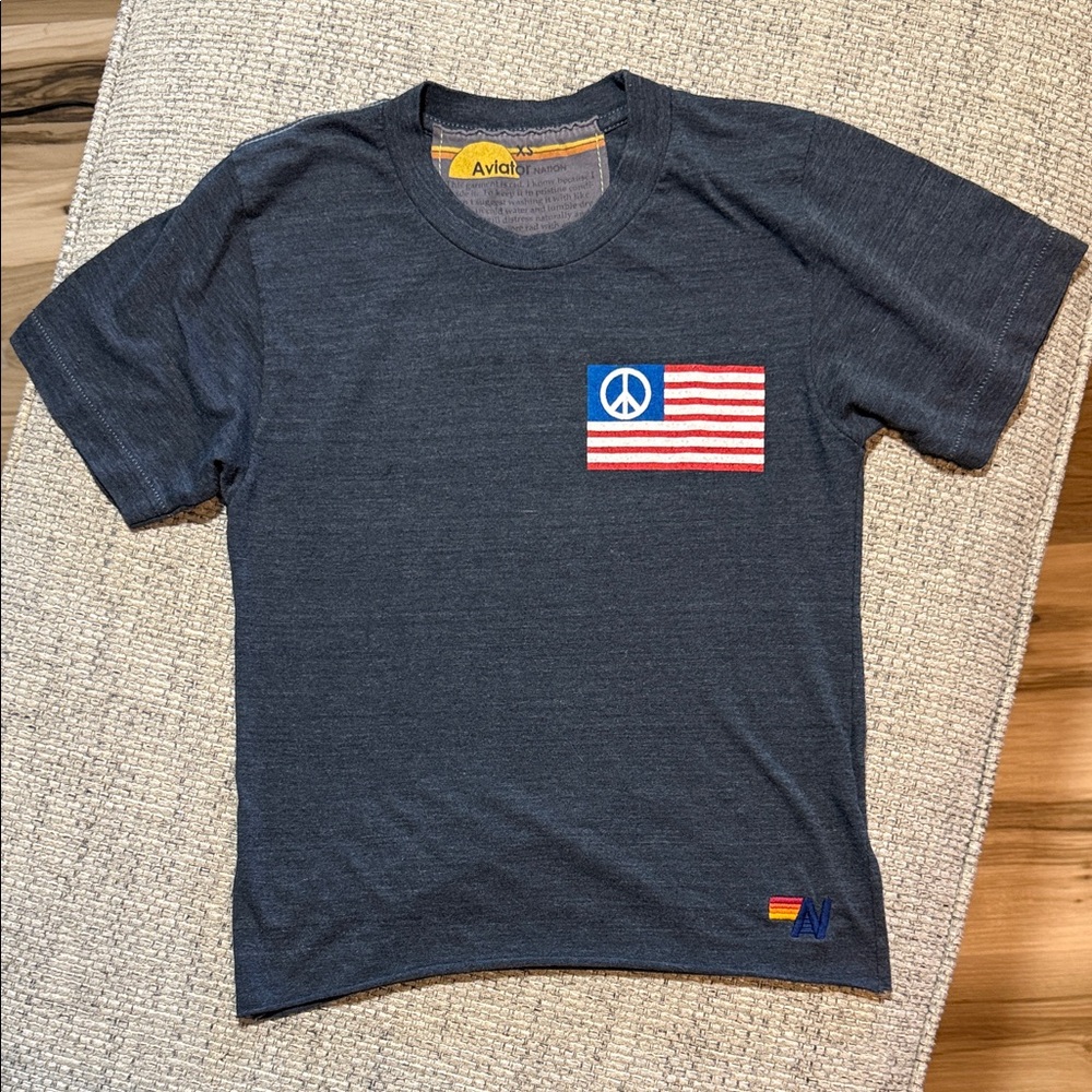 Aviator Nation Peace Flag Boyfriend Tee Short Sleeve Raw Hem Heather‎ Gray XS